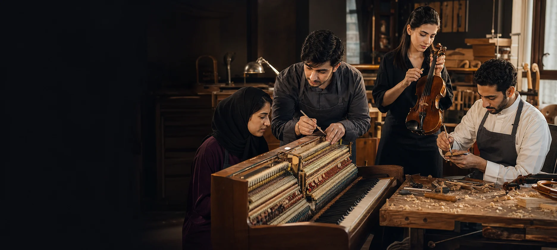 Young instrument technicians learning piano and violin craftsmanship in a professional workshop